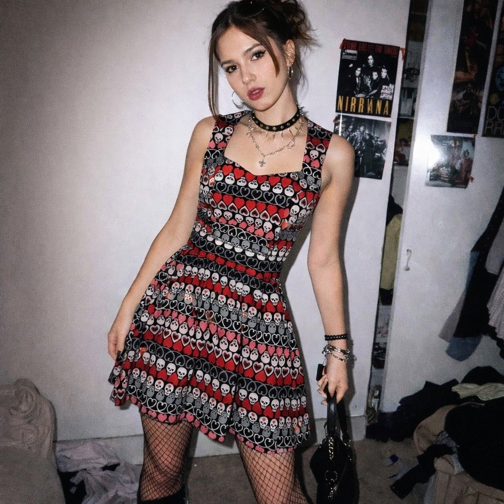 Folter Heart Print Fit & Flare Mini Dress Sz S Skull Goth Punk Rockabilly Alt